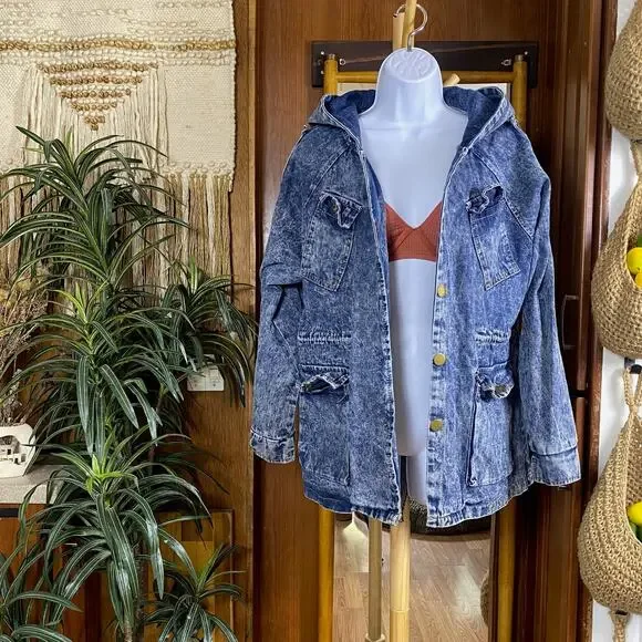 Vintage 90s Hooded Denim Jacket M/L | Stonewash Snap Front Festival Jacket Layer - Picture 2 of 16